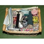 A box containing craft items, fabrics, buttons etc.