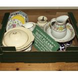 A box of assorted pottery and a railway sign