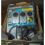 A box containing telephones, headphones and remote control sockets