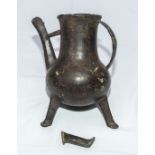 Rare Scottish medieval bronze aquamanile. Tripod ewer one leg later manufacture and repair, the