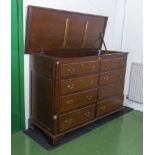A large 19th century Lancashire blanket chest with lift up lid containing candle box and three spice