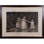 A large black and white print depicting children playing, total size 77cm x 102cm