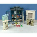 One cupboard with play shop items + 3 other Doll's cupboards