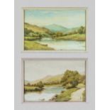 A pair of framed watercolour/drawings signed E M Cross depicting river landscapes 35cm x 52cm