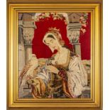 A gilt framed antique needlework depicting a lady with a bird of prey