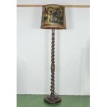 A barley sugar mahogany standard lamp and shade