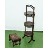 A mahogany three tier cake stand and a small stool