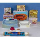 Vintage Doll's House furniture in original boxes + inflatable rubber dinghy