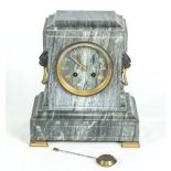 French grey slate mantel clock in the Egyptian revival style, 8 day movement on bell, brass movement