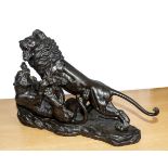 A large impressive Meiji period bronze lion and tiger group, possibly Tokyo school, factory seal