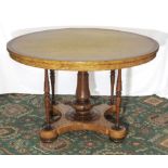 Rare William IV birds eye maple with burr oak cross banding round centre table, centre carved column