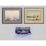Two framed seascapes and a small watercolour signed Ann Bushell