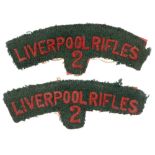 LIVERPOOL RIFLES / 2 pair of WW1 2/6th Kings Liverpool Regiment cloth shoulder titles. Good scarce