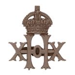 20th Hussars OSD cap badge circa 1902-22. Good scarce die-cast bronze crowned XHX. Blades. VGC