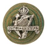 Irish. Royal Ulster Rifles Officer green cord boss bearing silver badge circa 1921-52. Badge being