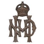 North Devon Hussars cap badge circa 1908-20. Good scarce die-stamped bronze crowned NDH cypher.