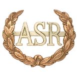 Army Scripture Readers cap badge. Good scarce die-cast white metal ASR on bar within brass laurel