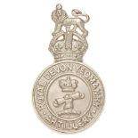 Royal Devon Yeomanry Artillery pre 1953 Officer silver plated cap badge. Fine die-cast Royal crest