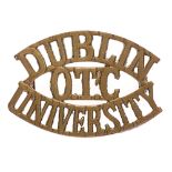 DUBLIN / OTC / UNIVERSITY Irish shoulder title badge. Good scarce die-cast brass issue. Loops. VGC