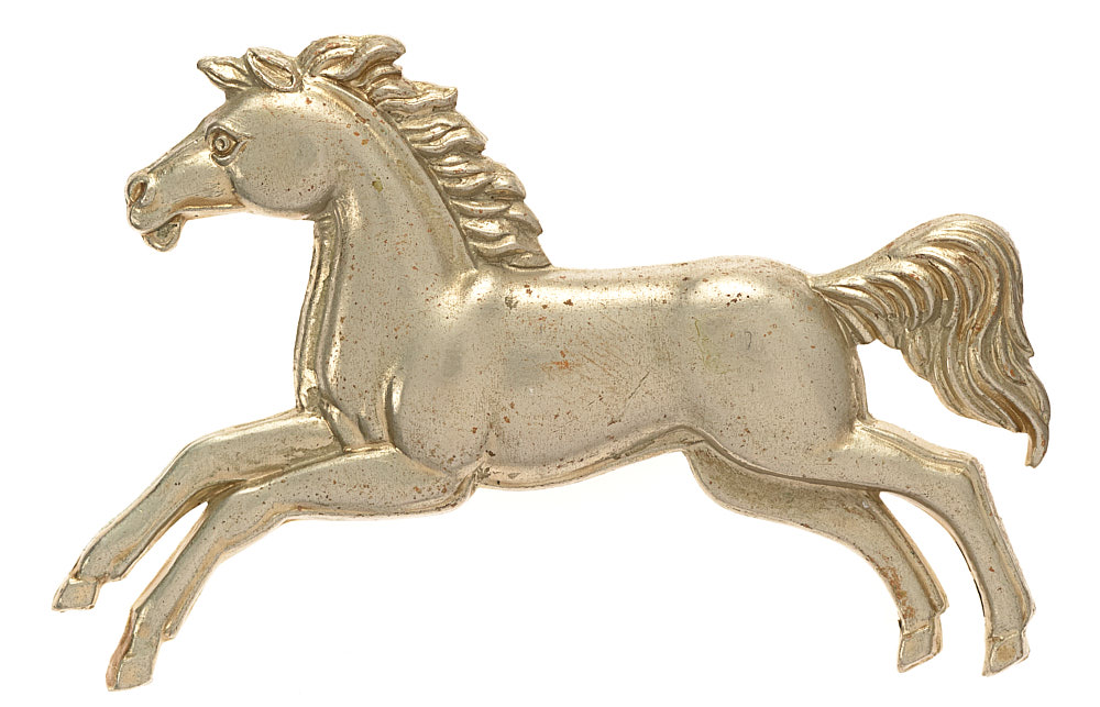 Scottish. Royal Scots Greys bearskin back badge. Scarce die-stamped white metal White Horse of