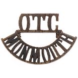 OTC / MONMOUTH Welsh cadet shoulder title badge. Good scarce die-cast blackened brass issue. Loops