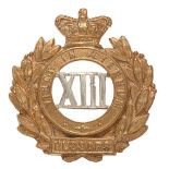 13th Hussars Victorian cap badge circa 1896-1901. Good scarce die-stamped brass crowned circlet