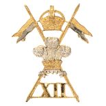 12th Royal Lancers Officer cap badge circa 1903-52. Fine rich gilt die-cast crowned crossed
