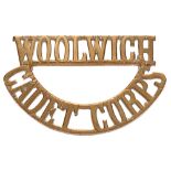 WOOLWICH / CADET CORPS shoulder title badge circa 1912-18. Good scarce die-cast brass issue Loops.
