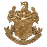 Dorchester School OTC cap badge. Good scarce die-stamped brass Arms on title scroll. Toned loops.