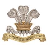 10th Royal Hussars Officer cap badge. Fine scarce die-cast silvered Prince of Wales plumes with