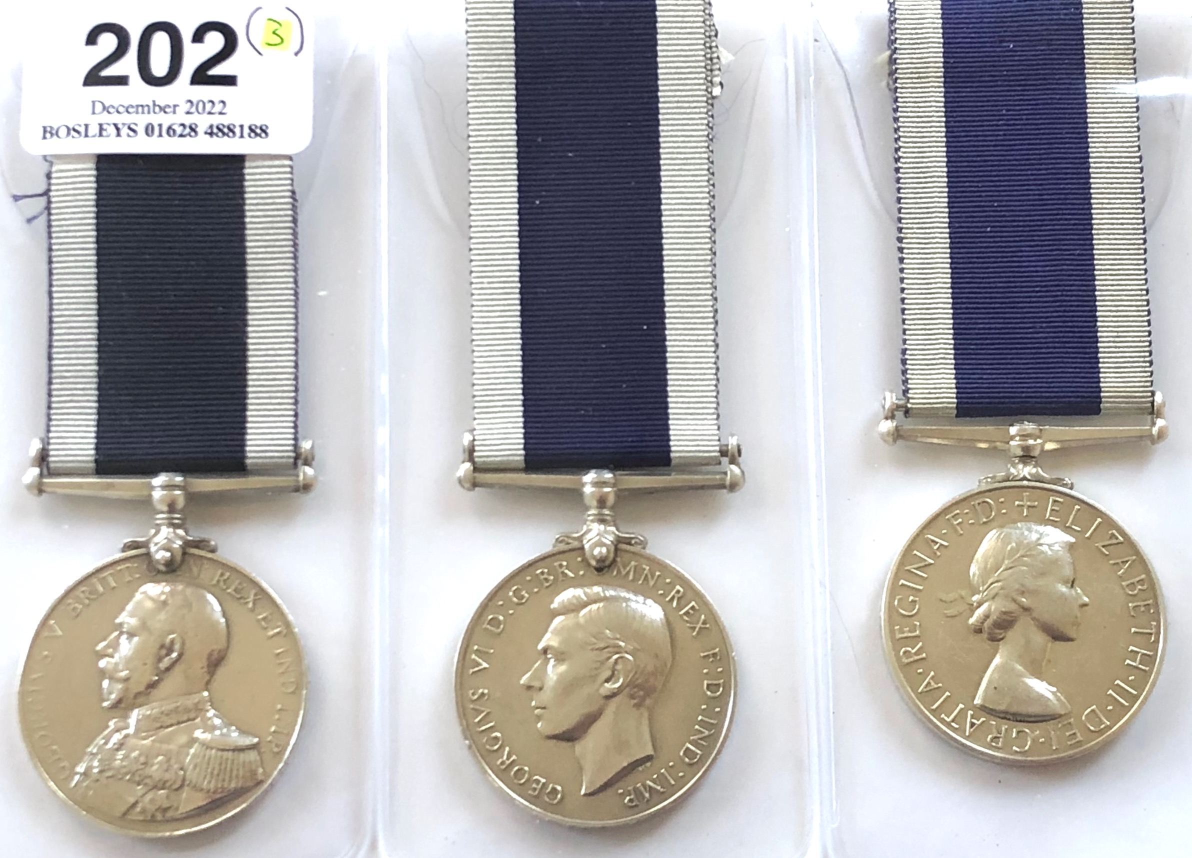 3 Royal Navy Long Service Good Conduct Medals. George V awarded to M.6710 O.E. GARN ORD ART 4 CL HMS