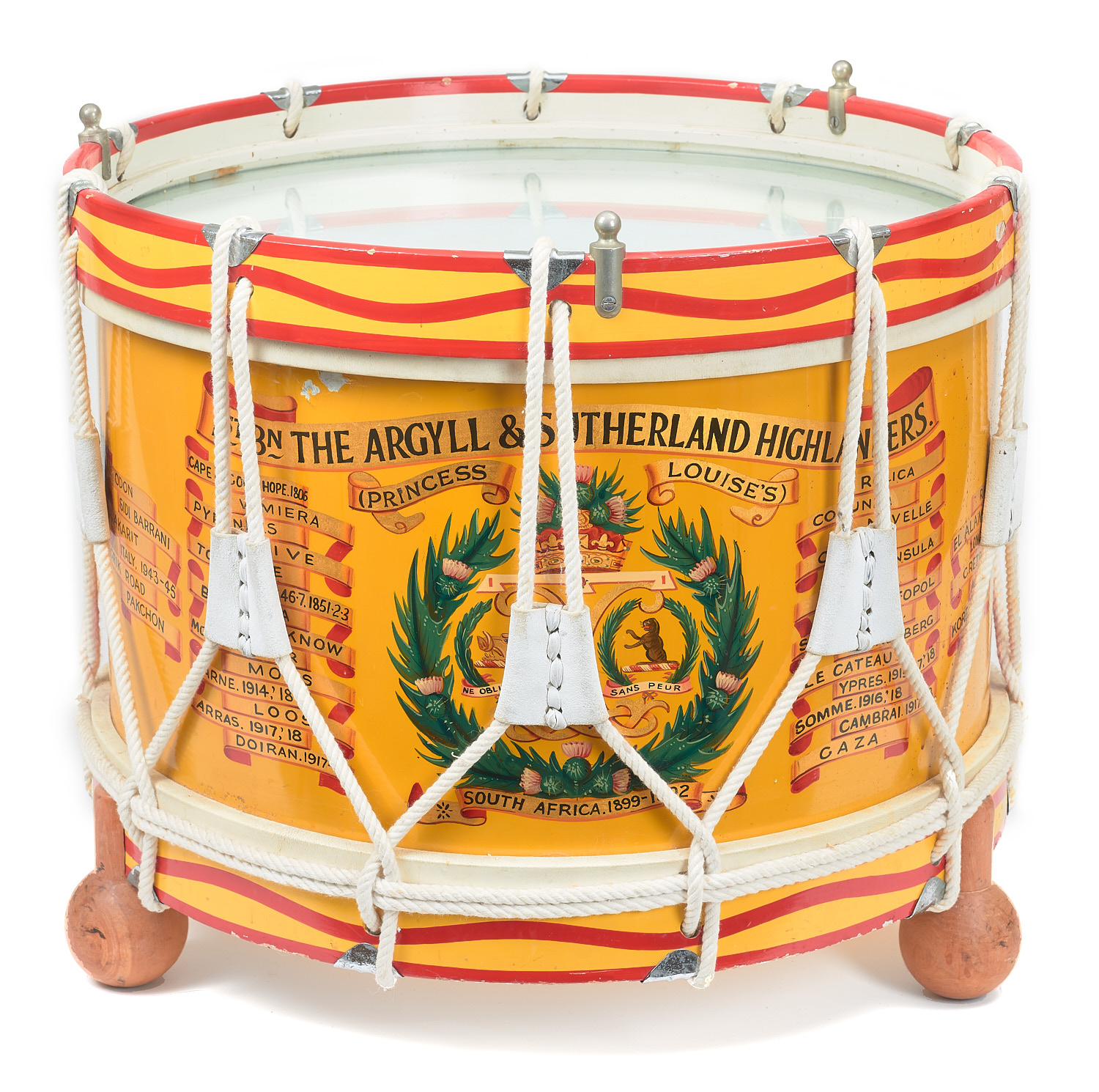 Scottish Argyll & Sutherland Highlanders Drum Table. A good rope tension example. The yellow body