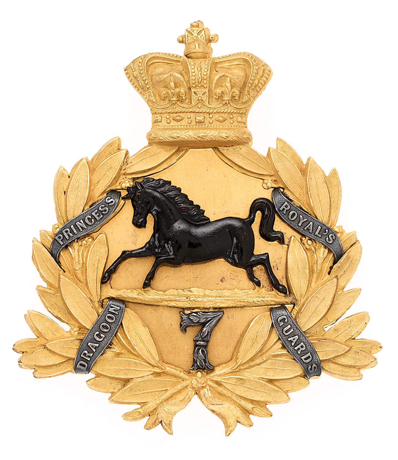 7th (Princess Royals) Dragoon Guards Victorian Officer sabretache plate. Fine rare rich gilt die-