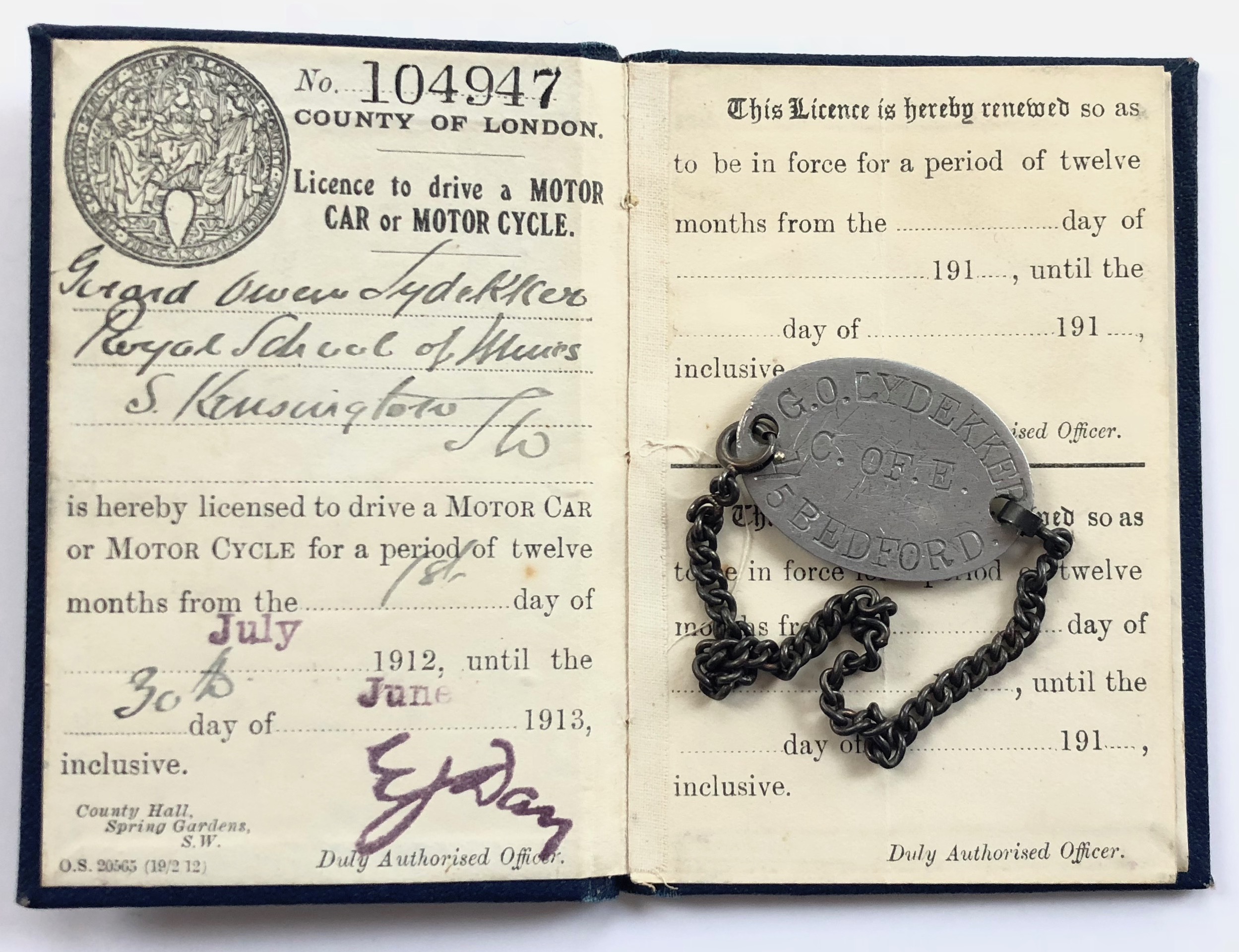 WW1 5th Bn Bedfordshire Regiment Casualty Officer ID bracelet and 1913 London Driving Licence. An
