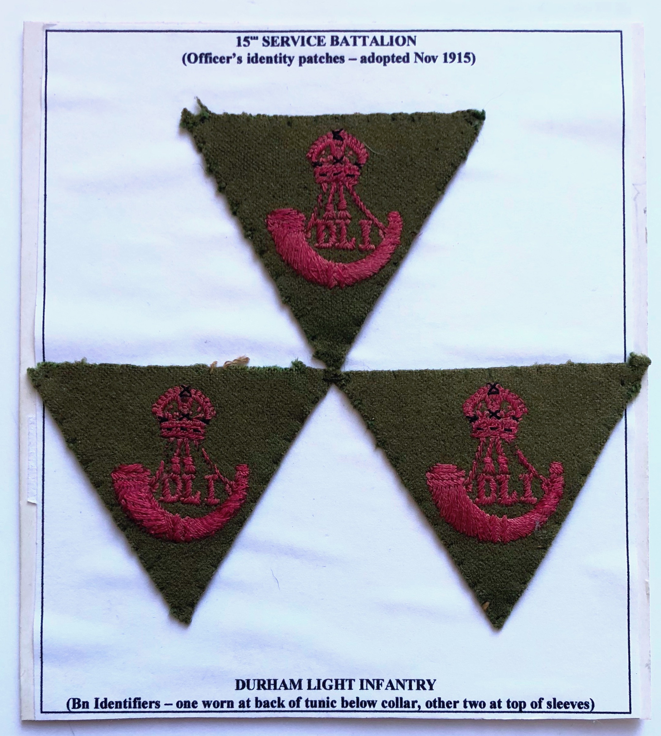 3 Kitcheners Army 15th Service Bn Durham Light Infantry WW1 DLI formation signs. 3 good rare