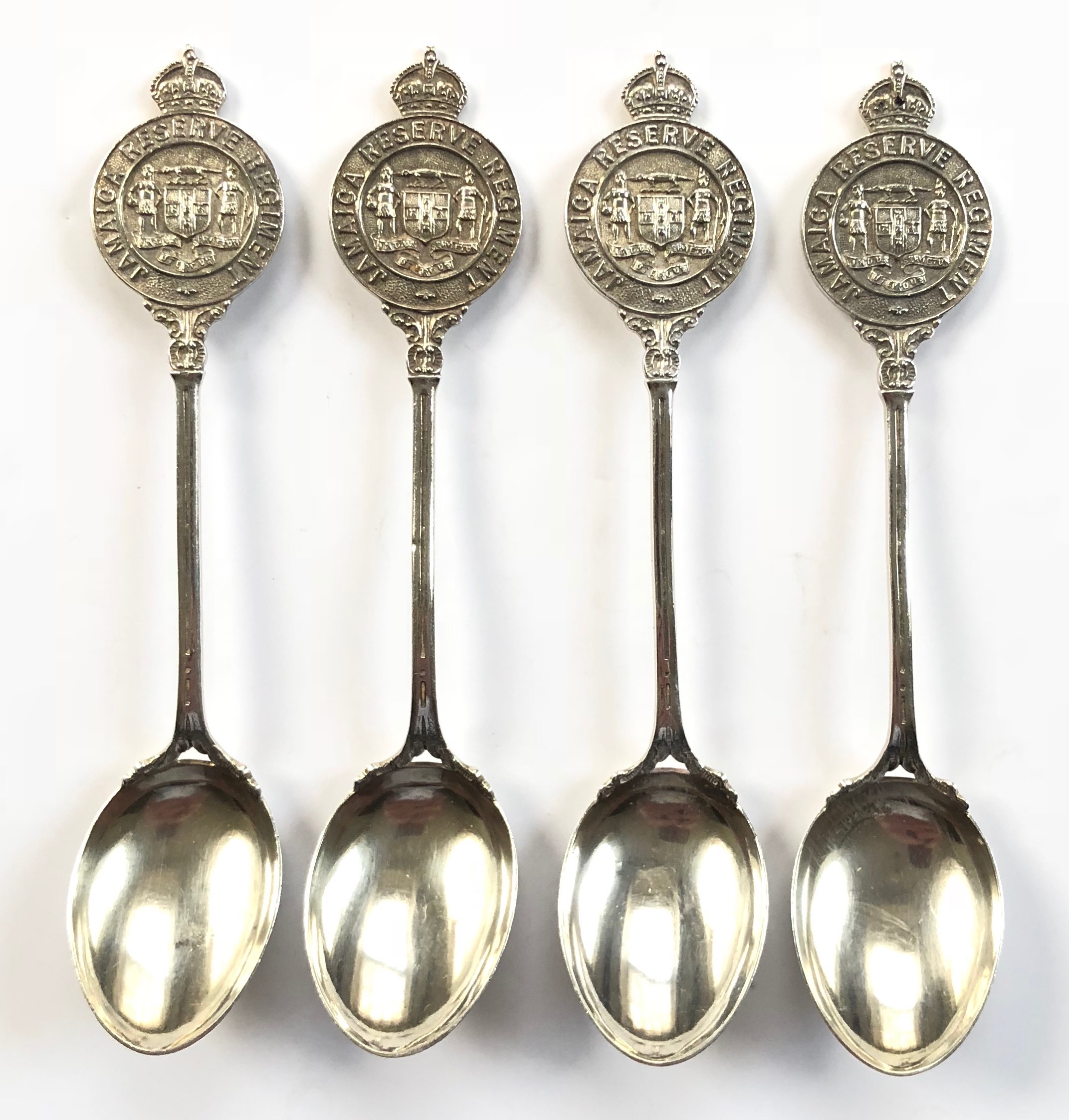 Jamaica Reserve 4 Regimental 1916 HM Silver Teaspoons. All bearing silver hallmarks Birmingham