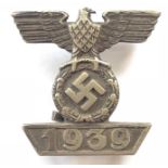 German Third Reich 1939 Bar to the Iron Cross 2nd Class. Good scarce die-cast silvered eagle and