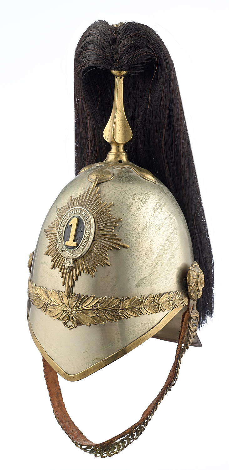 1st (Royal) Dragoons 1871 Pattern Helmet. A good example. White metal skull decorated with laurel