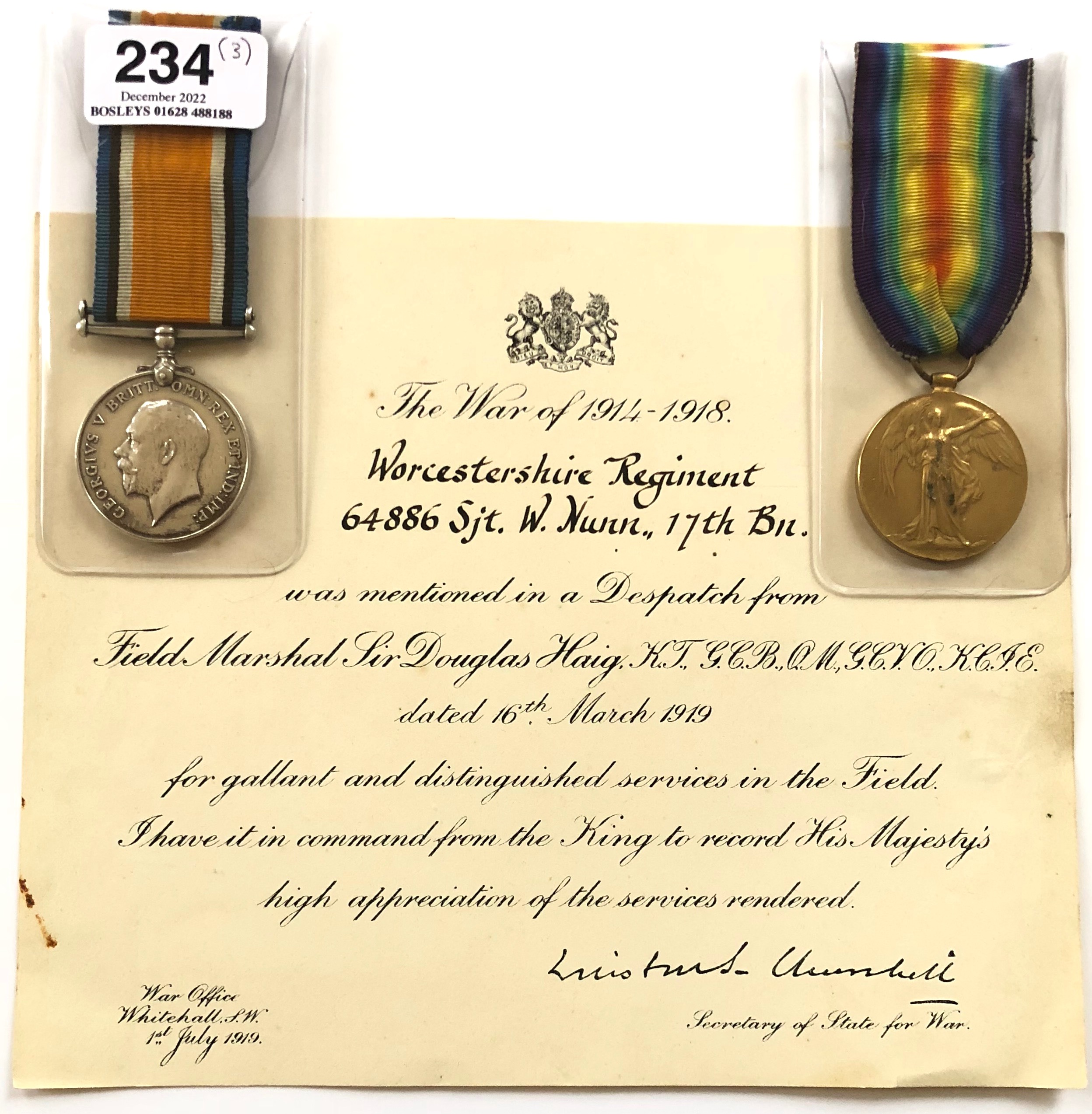 WW1 West Yorkshire / Worcestershire Regiment MID Medals and Certificate. Awarded to Sergeant William