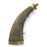 Victorian 1860s Nautical Themed Scrimshaw Horn and Brass Priming Flask A good 9 inch, curved horn