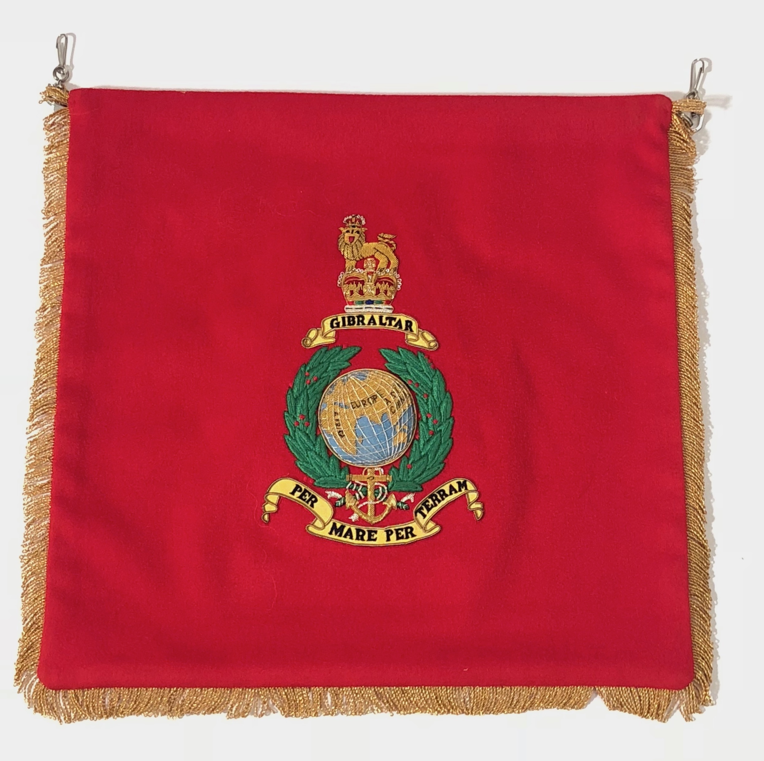 Royal Marines Fanfare Trumpet Banner. A rare post 1953 Regimental double sided example. The