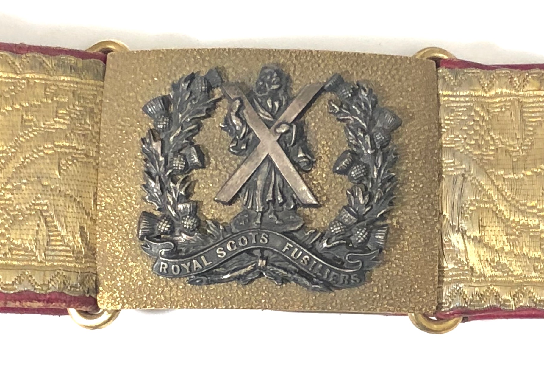 Royal Scots Fusiliers post 1881 Officer sword belt. A good scarce example of two inch gold thistle - Image 2 of 2