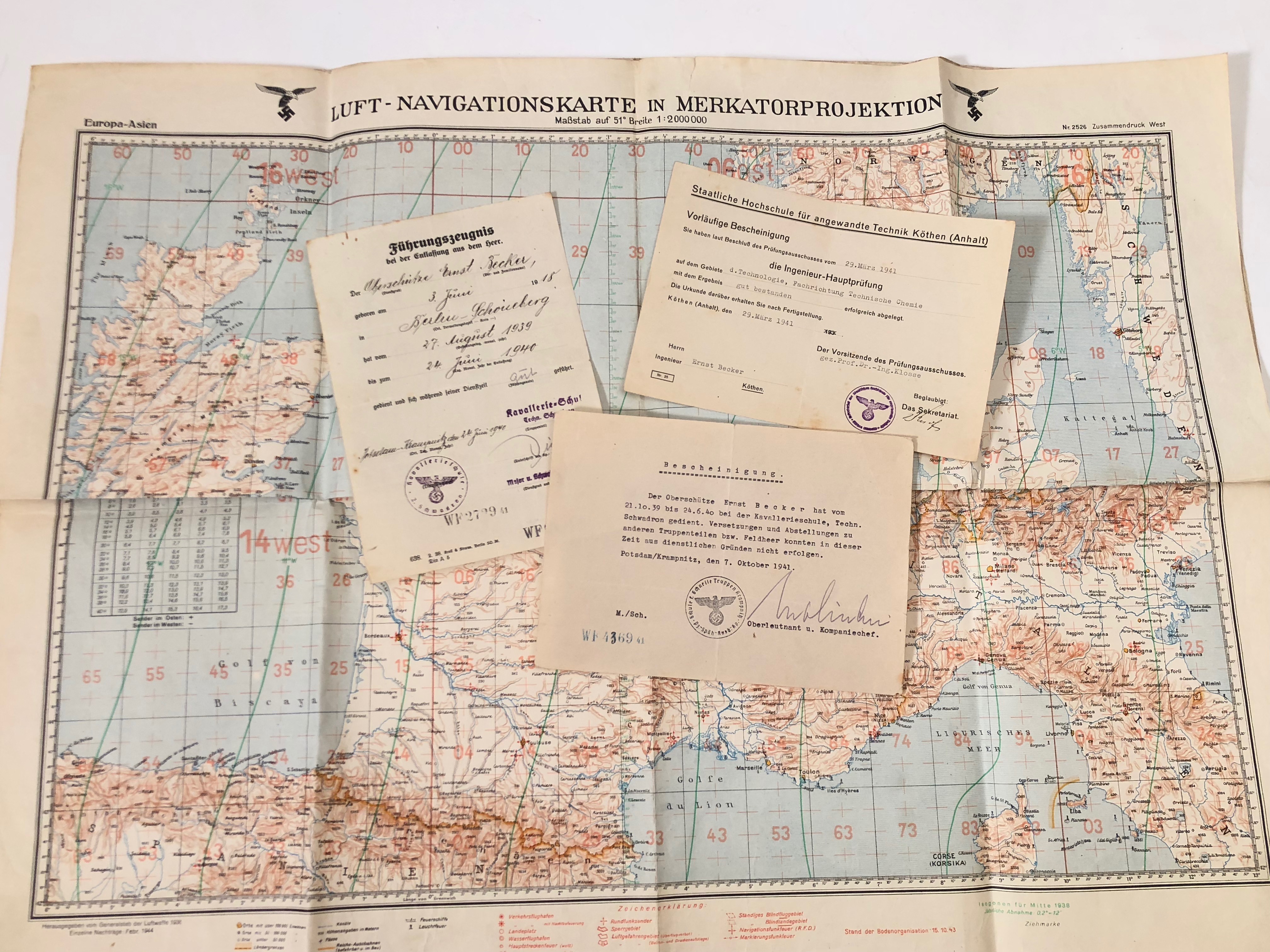 WW2 1944 Luftwaffe Flying Map UK and Europe. An original 1:2000000 scale printed single sided on