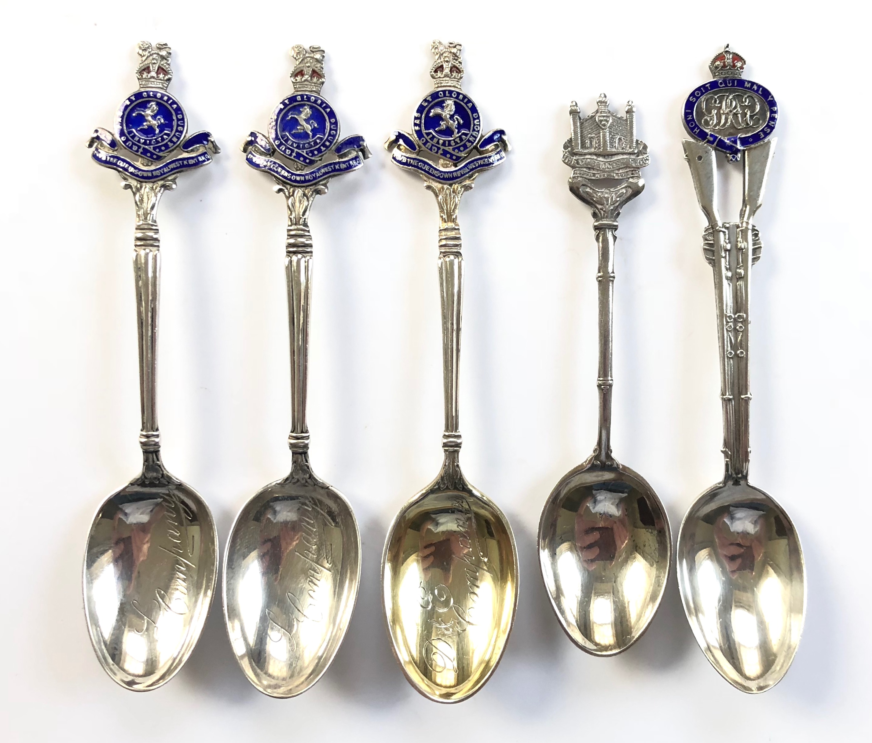 1 VB West Kent, Cambridge & Grenadier Guards, 5 Regimental HM Silver Teaspoons. All bearing silver