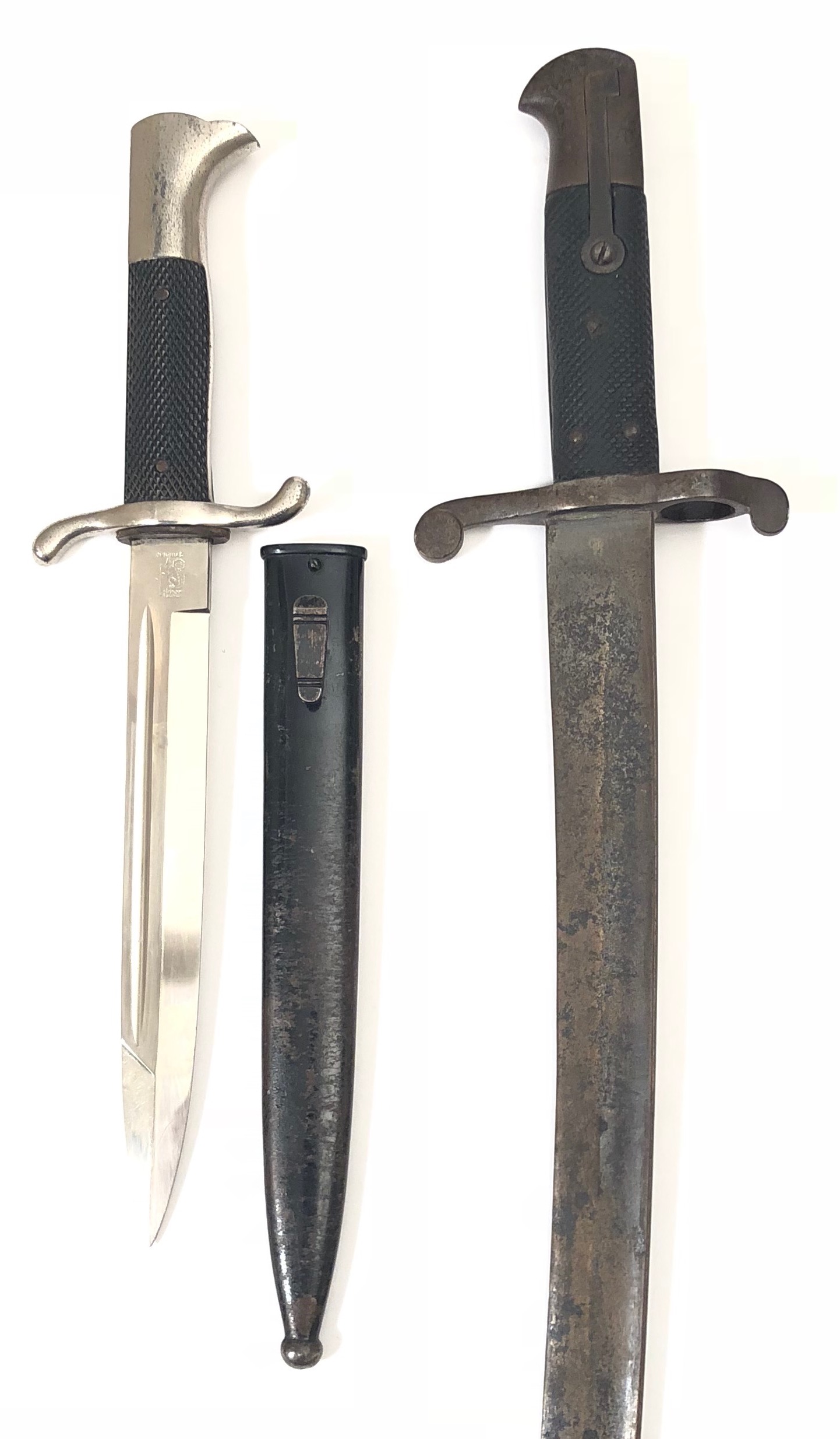 German Fire Police Dress Bayonet and a British sword bayonet. Good example with 20 cm plate blade