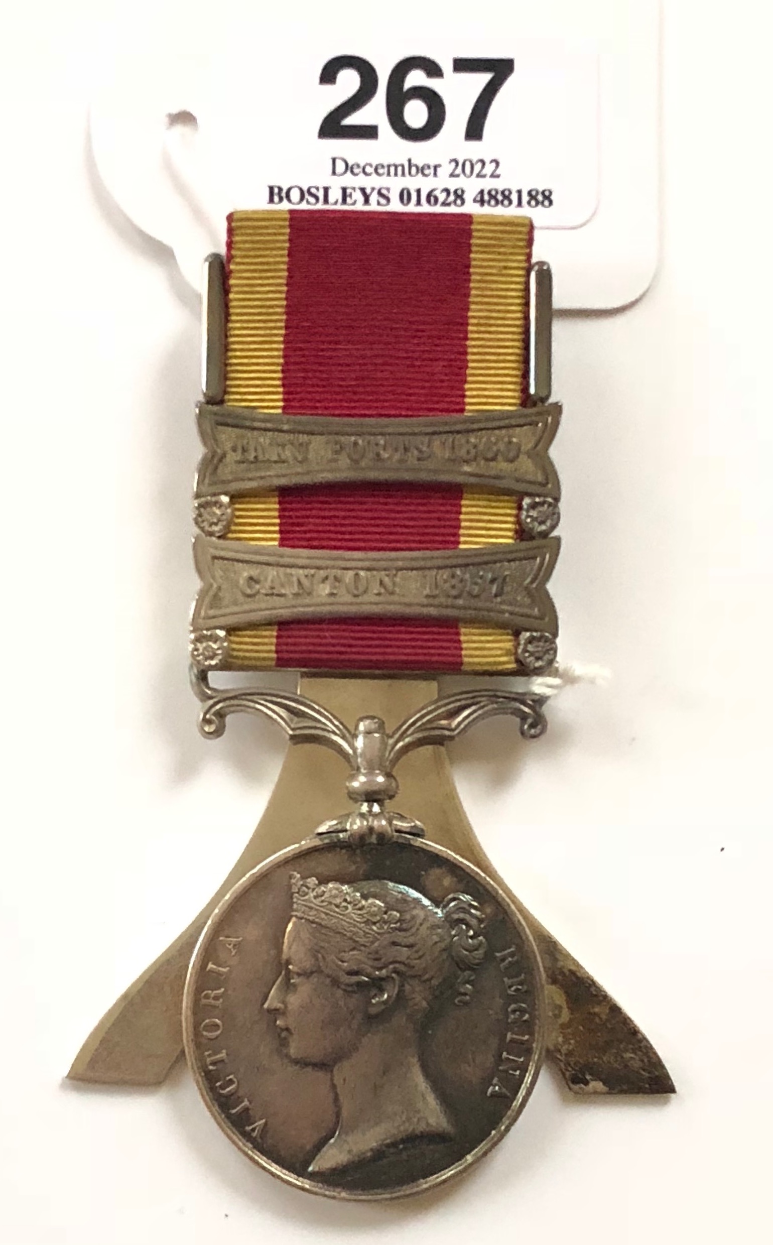 Second China War Medal, clasps Canton 1857 and Taku Forts 1860. A good unnamed example bearing two