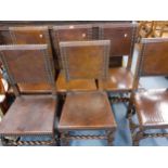 A set of 6 1930's oak dining chairs with barley twist backs, leather chairs and stud detail