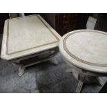 A modern plaster marble effect coffee table, 40cm h x 132.5cm w, together with a matching occasional