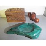 A mixed lot to include a pipe in the form of a boot, carved card case and a malachite ashtray