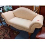 A small twin seated bedroom sofa with scrolled ends and a beige check fabric Condition: staining